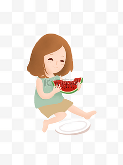 坐着吃图片_坐着吃西瓜的卡通女孩元素设计