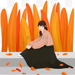 坐着女生插画图片_手绘做在秋天落叶中的长裙女生插
