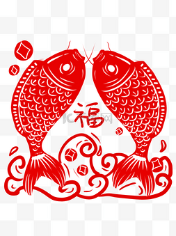 红色海浪图片_剪纸鲤鱼中国风古风红色双鱼
