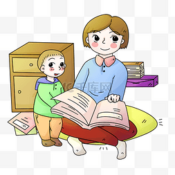 手绘母婴插画图片_讲故事的母亲插画