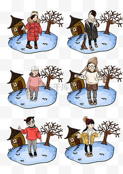 枯树枝卡通图片_冬季里穿着保暖在雪地里的孩子们