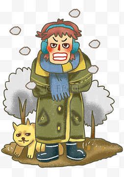 大衣男孩图片_手绘冬日挨冻的男孩插画