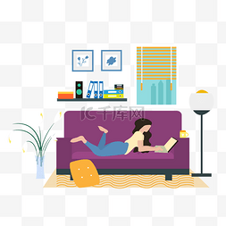 沙雕客厅图图片_卡通插画风趴在沙发上的女人