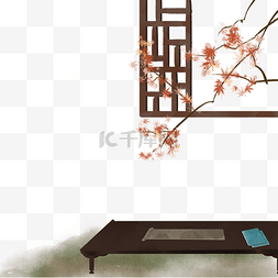 中国风装饰插画图片_中国风轩窗树枝书桌装饰元素