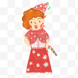 红裙子的女生图片_圣诞节彩色手绘卡通风戴圣诞帽的