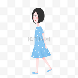 简约手绘穿蓝色裙子的女孩插画海