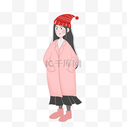 简约手绘穿粉色大衣的女孩插画免