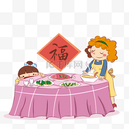 粉色桌布图片_手绘新年吃饭插画
