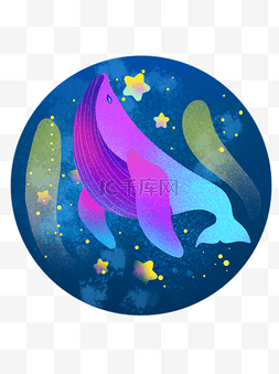 蓝色梦幻鲸鱼图片_梦幻鲸鱼蓝色紫红色夜空海浪幻彩