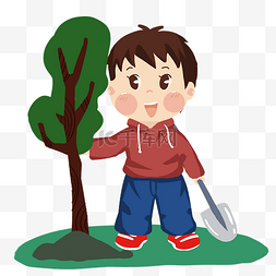 卡通种树图片_植树节可爱男孩幸福完成种树手绘