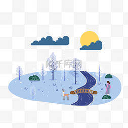 桥河图片_卡通插画风雪夜过桥的女孩