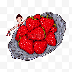 草小女孩图片_手绘卡通可爱草莓果盘插画女孩