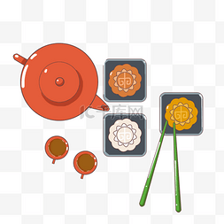 彩色月饼红色茶壶插画