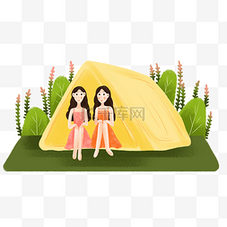 帐篷png下载图片_踏青出游的两个小女孩卡通帐篷