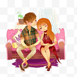 粉色沙发插画图片_情人节约会的情侣插画