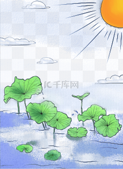 节气小暑背景图片_艳阳下的荷花池水彩插画