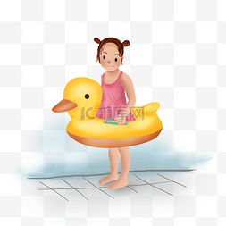儿童游泳圈图片_大暑手绘游泳的女孩