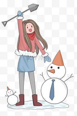 大笑插画图片_冬季小女孩和雪人手绘插画