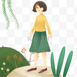 春天绿色植物插画图片_春游郊游女孩插画