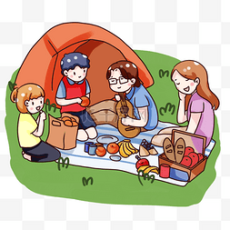 双层野餐篮图片_手绘卡通一家人户外野餐露营
