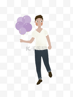 t恤白图片_手绘卡通手拿紫色气球的白T恤休