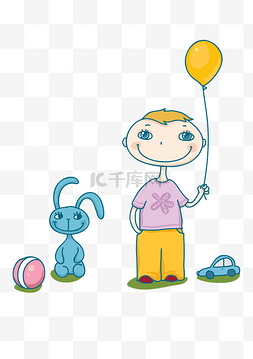 卡通矢量小男孩和兔子玩气球