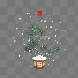 中式禅意图片_中国风写实飘雪的松树盆景