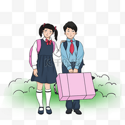 小学生背图片_开学日小学生背书包结伴上学