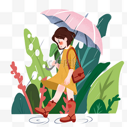 下雨的插画图片_谷雨打伞的小女孩