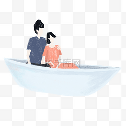 手绘坐小船游览情侣人物插画图案