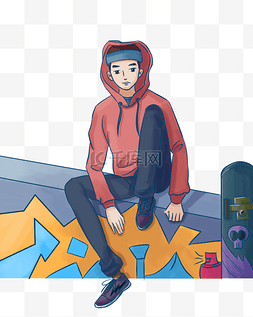 酷炫男孩图片_滑板少年手绘插画PNG免抠元素
