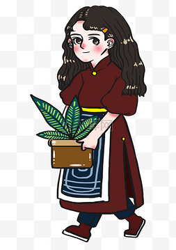 植树节搬盆栽的羊毛卷发女孩卡通