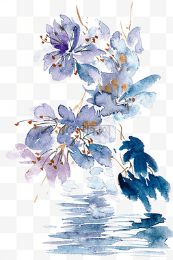 蓝色花丛水彩画png免抠素材