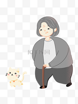 重阳散步插画图片_重阳节猫咪配老奶奶散步