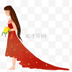 拿着捧花穿着红色晚礼服拍婚纱照