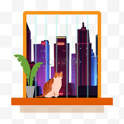 线条化城市建筑图片_手绘卡通建筑猫咪
