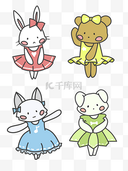 卡通可爱穿裙子的小动物兔子猫咪