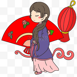 手绘插画聚会人物图片_新年喜庆红扇子灯笼色手绘插画