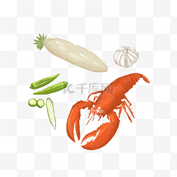 新鲜食材龙虾萝卜青菜手绘