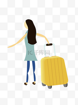 行李箱的图片_卡通清新拖行李箱的女孩插画设计
