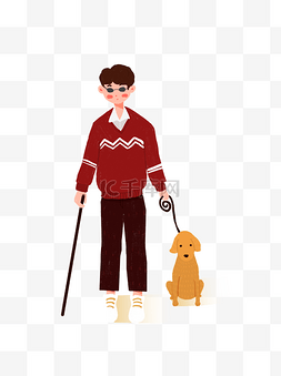 彩绘复古盲人男孩和导盲犬设计可