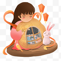 中秋节免抠图素材图片_漂亮的小女孩和兔子免抠图