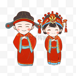红色中式婚礼图片_手绘卡通可爱中式婚礼