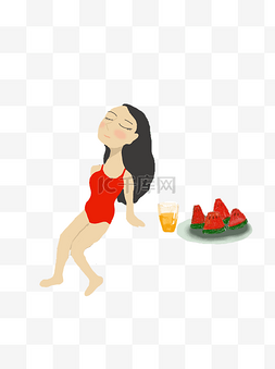 夏季果汁手绘图片_小清新女孩和西瓜插画设计