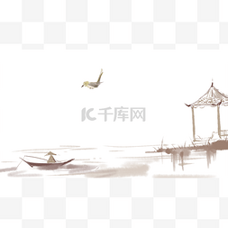 手绘中国风亭子图片_手绘一座水墨亭子和飞舞的小鸟插