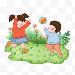 绿草花朵图片_玩皮球的小朋友PNG免抠图