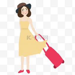 黄色小帽子图片_夏天拖着行李箱去旅行的女生