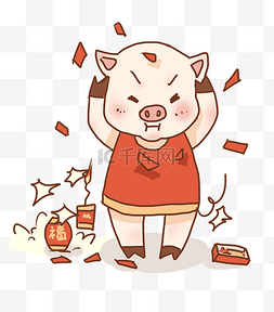 新年春节可爱小猪放鞭炮