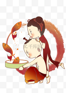 红色中国风鲤鱼图片_新春卡通手绘插画