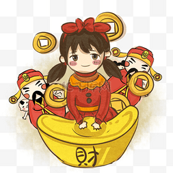 接红包图片_过大年卡通小女孩接财神插画